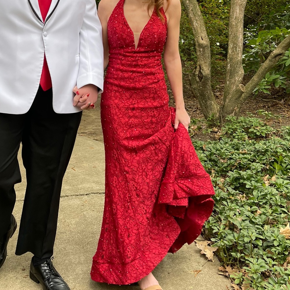Red Lace Haltered Prom Dress